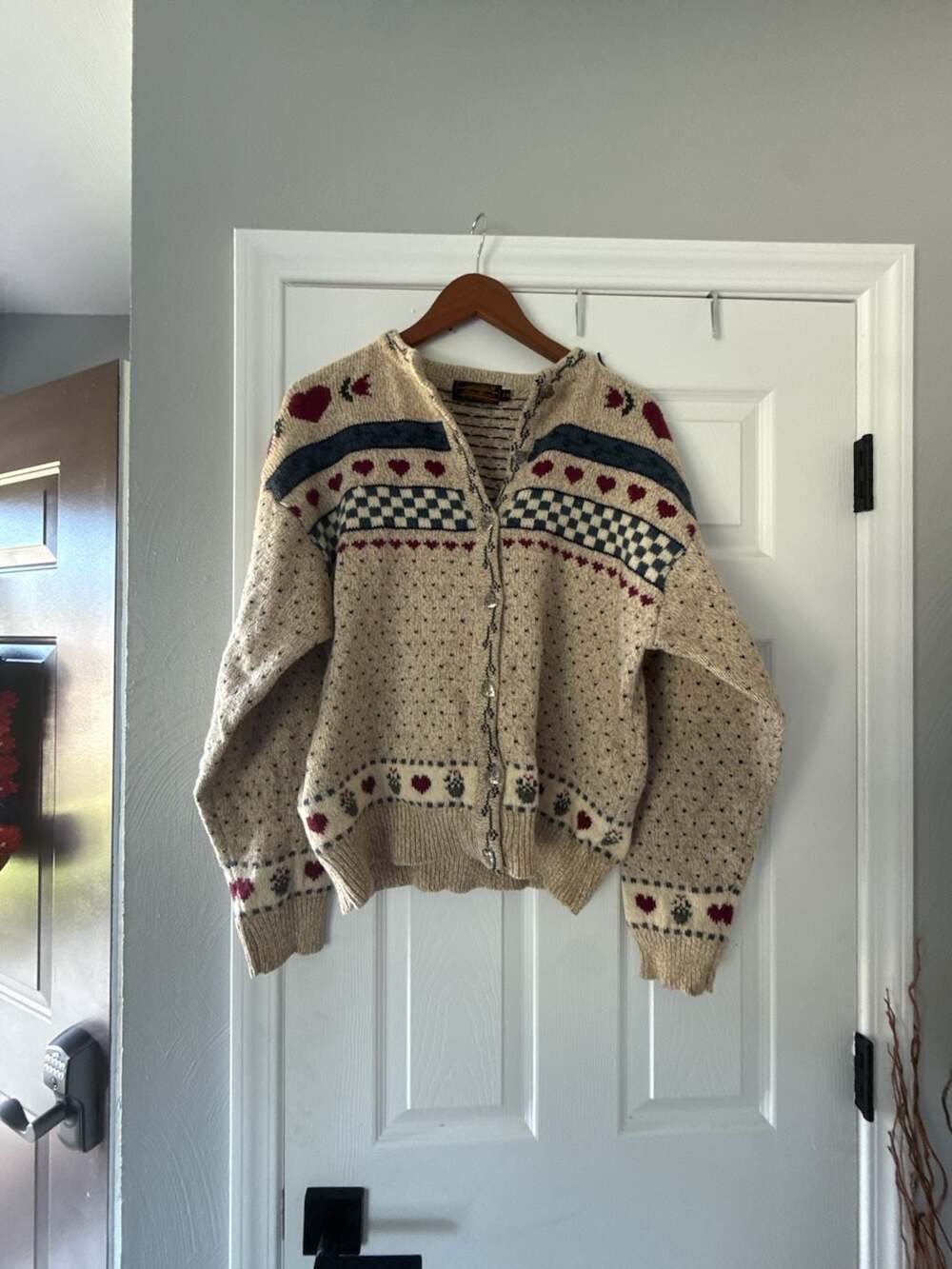 Vintage Eddie Bauer Heart Button Fair Isle Wool Cardigan Sweater Beige